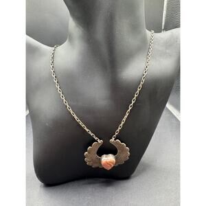 Vtg Signed HandWrought Sterling Silver 925 Wings Heart Jasper Pendant Necklace